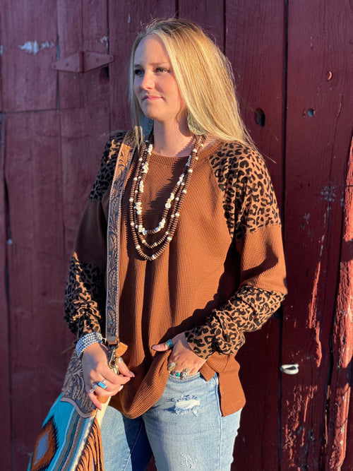 Shop Envi Me Tops and Tunics The Coffee Is King Cheetah Burnout Velvet Sleeve Waffle Top