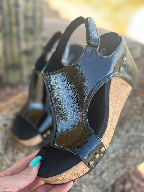 Volatile Footwear The Corky’s Black Patent Carly Wedge Sandal