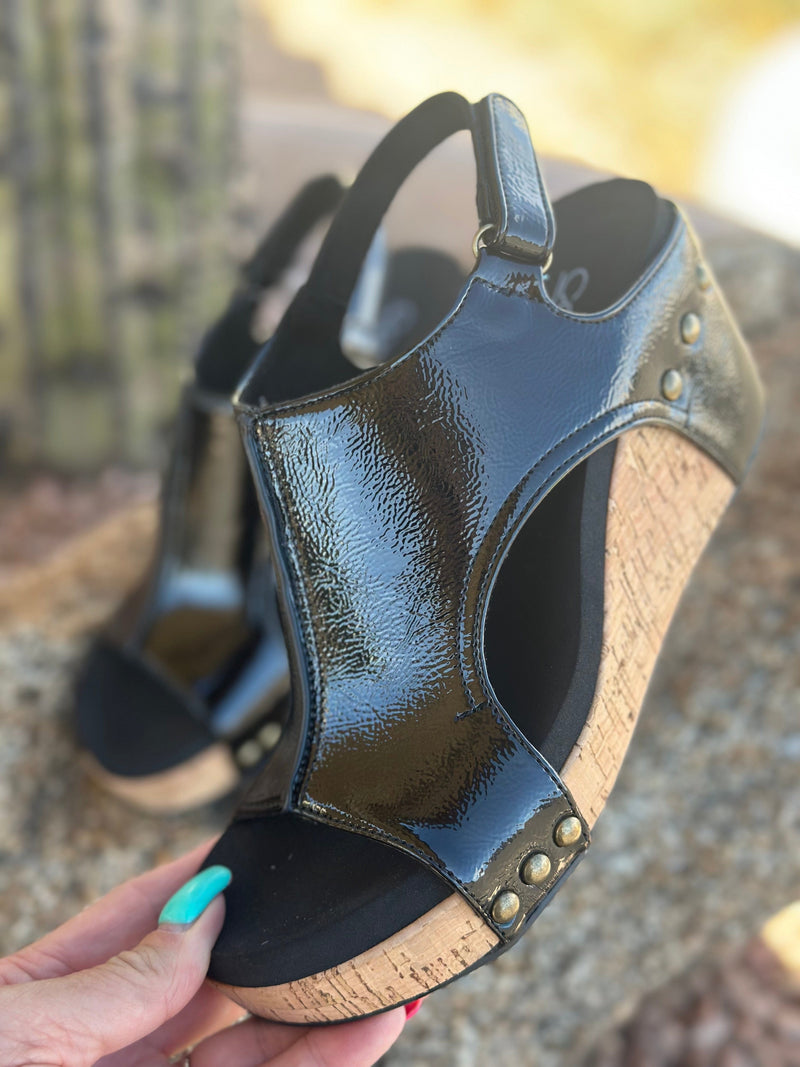 Volatile Footwear The Corky’s Black Patent Carly Wedge Sandal