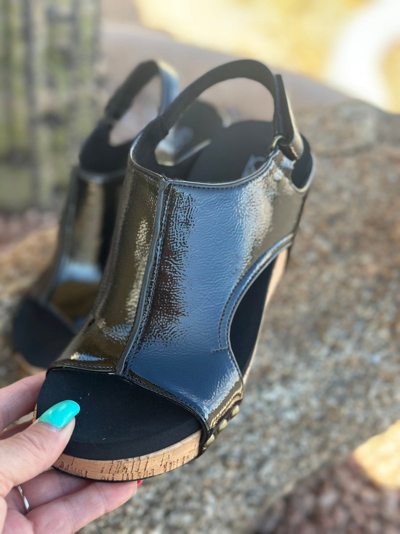 Volatile Footwear The Corky’s Black Patent Carly Wedge Sandal