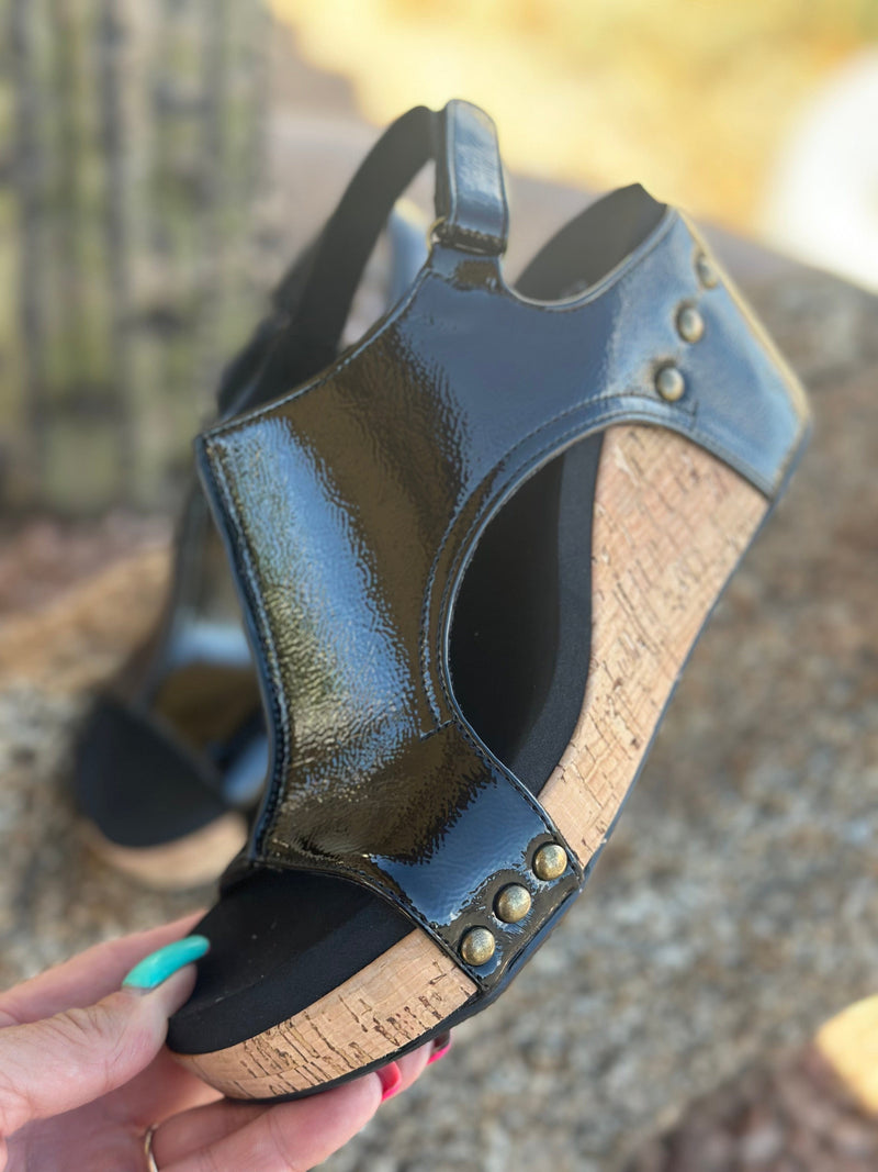 Volatile Footwear The Corky’s Black Patent Carly Wedge Sandal
