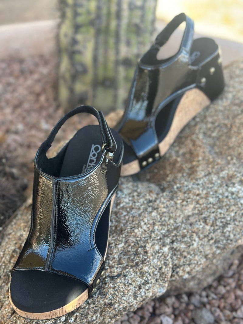 Volatile Footwear The Corky’s Black Patent Carly Wedge Sandal
