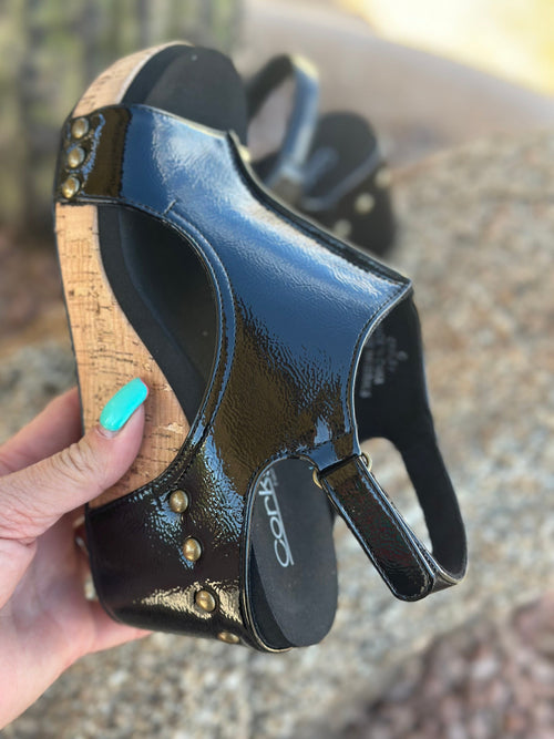 Volatile Footwear The Corky’s Black Patent Carly Wedge Sandal