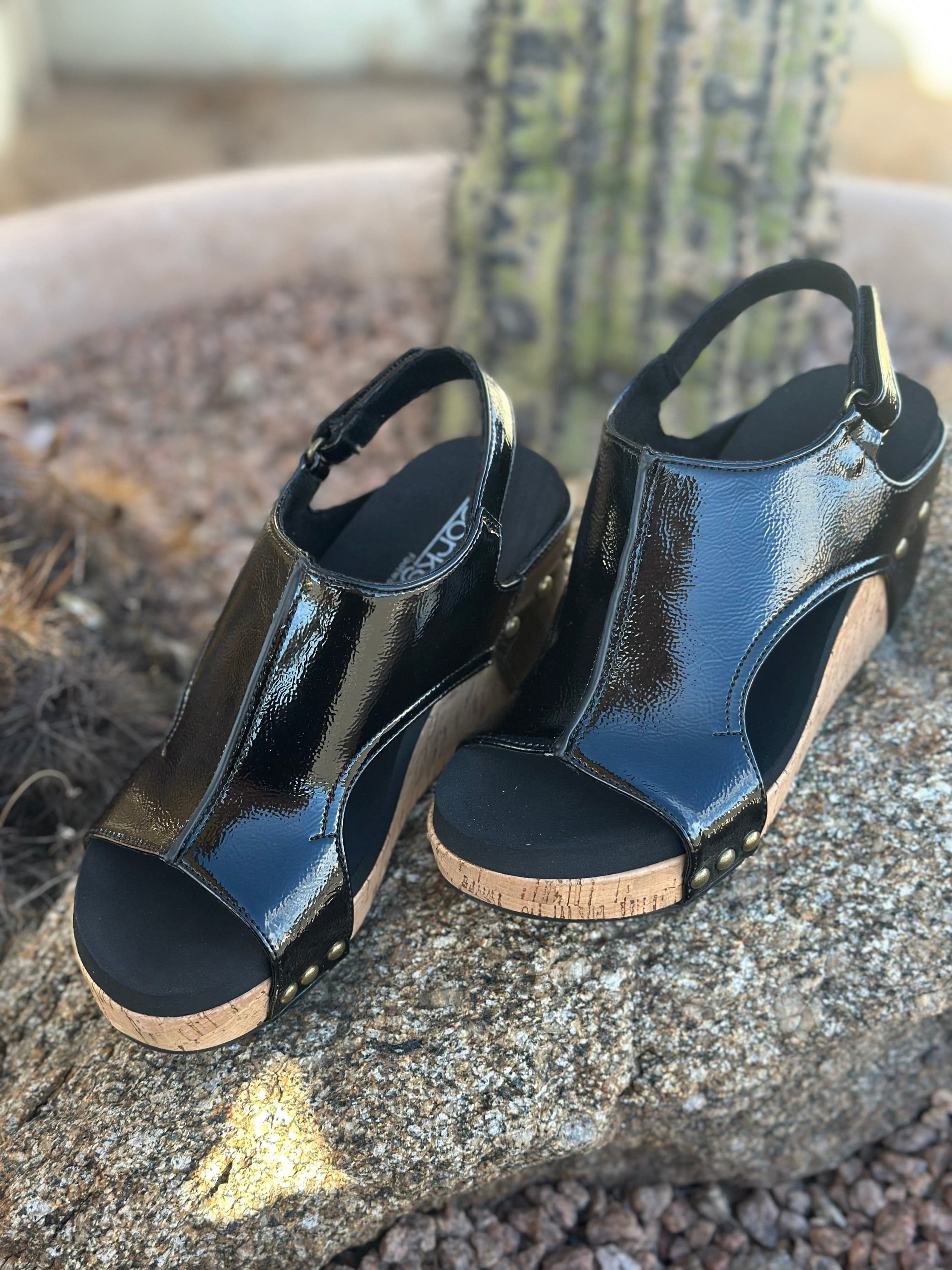 Volatile Footwear The Corky’s Black Patent Carly Wedge Sandal