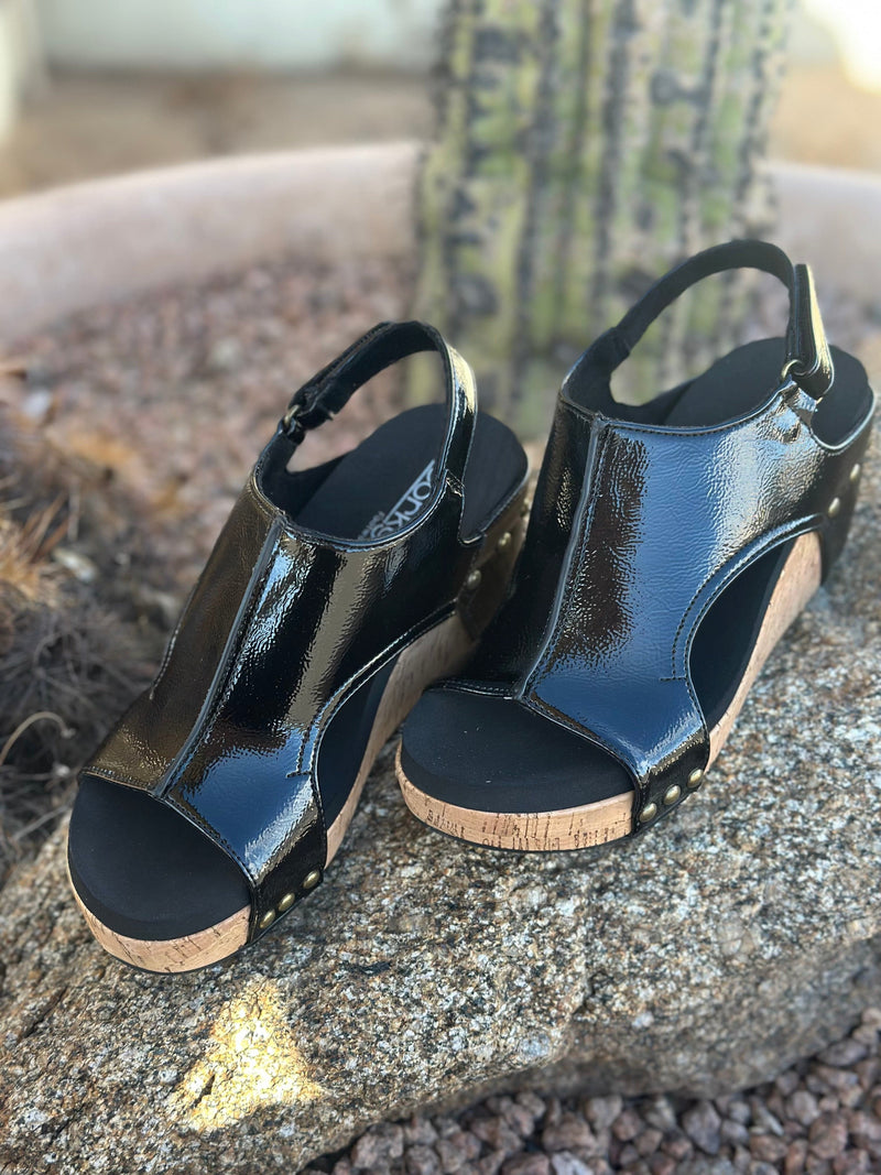 Volatile Footwear The Corky’s Black Patent Carly Wedge Sandal