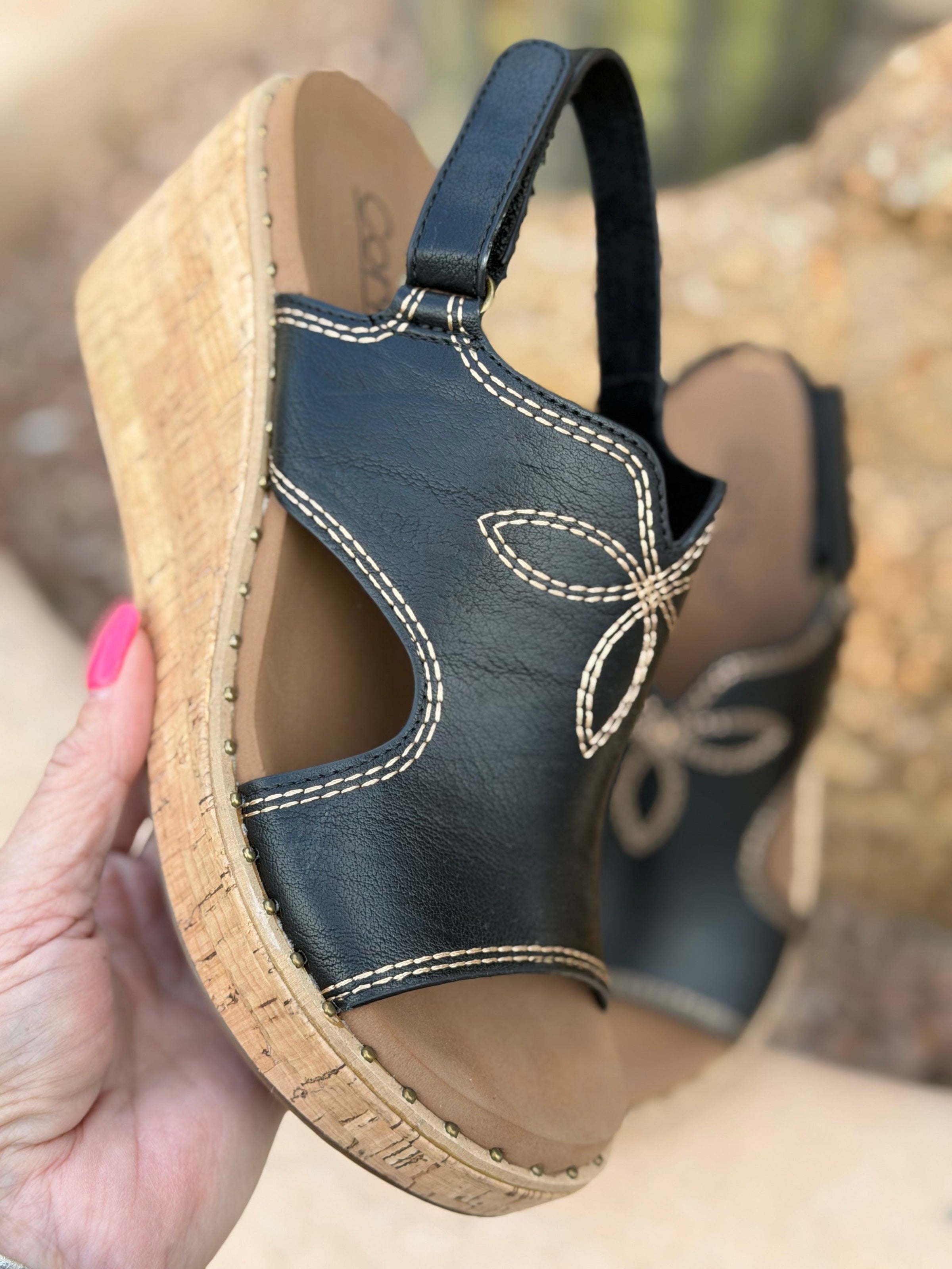 Volatile Footwear The Corky’s Black Stitch🤠 Carly Wedge Sandal