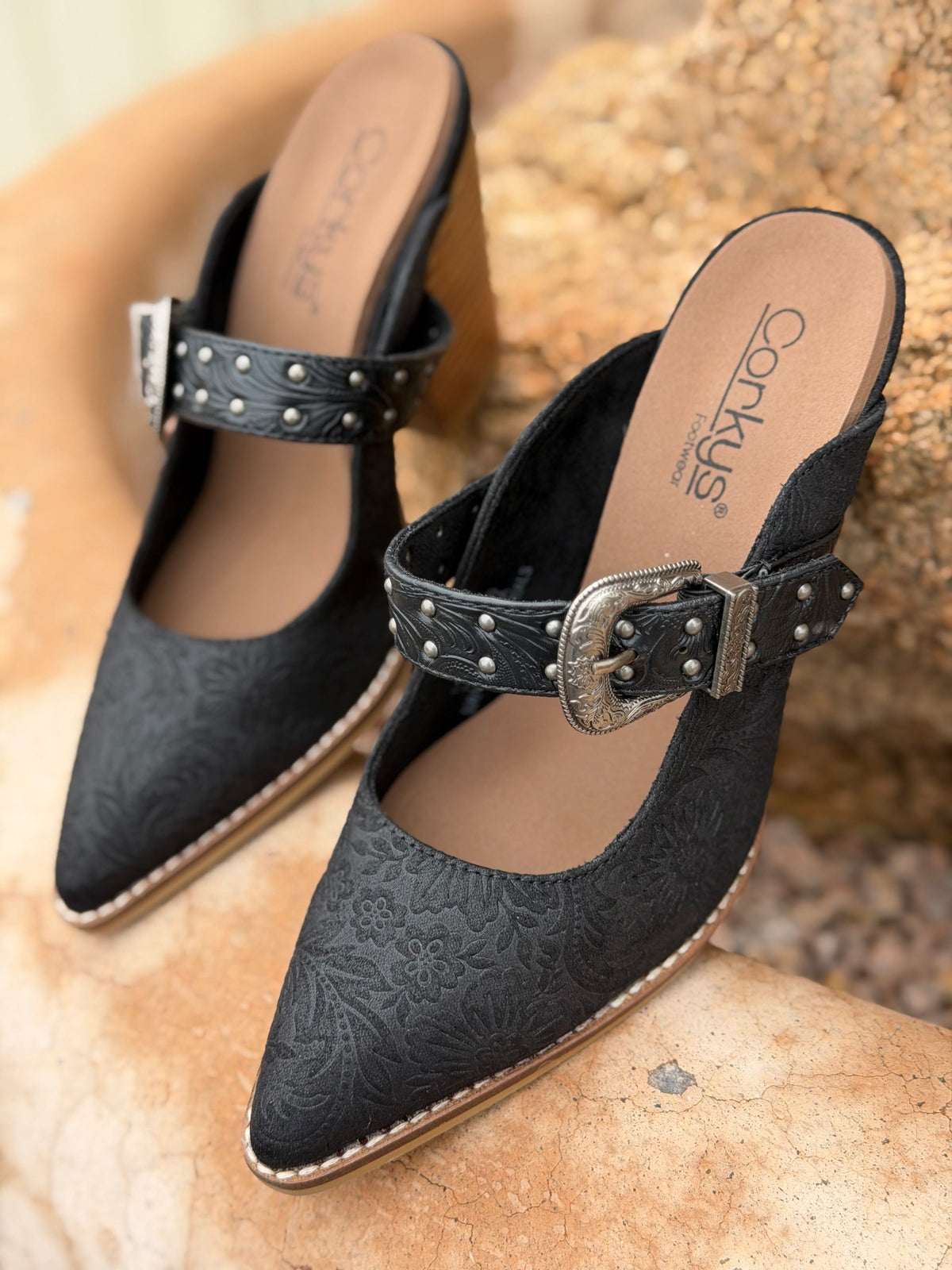 Volatile Footwear The Corky’s Black Studded  Western Stacked Heeled Sandal