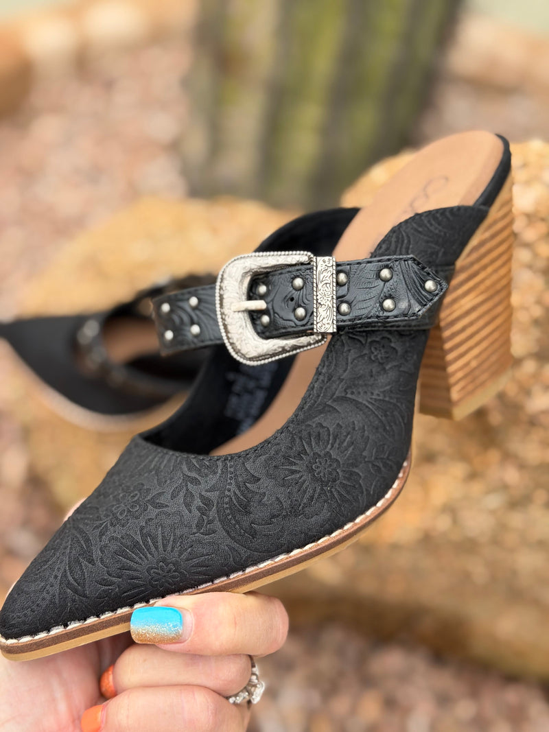 Volatile Footwear The Corky’s Black Studded  Western Stacked Heeled Sandal