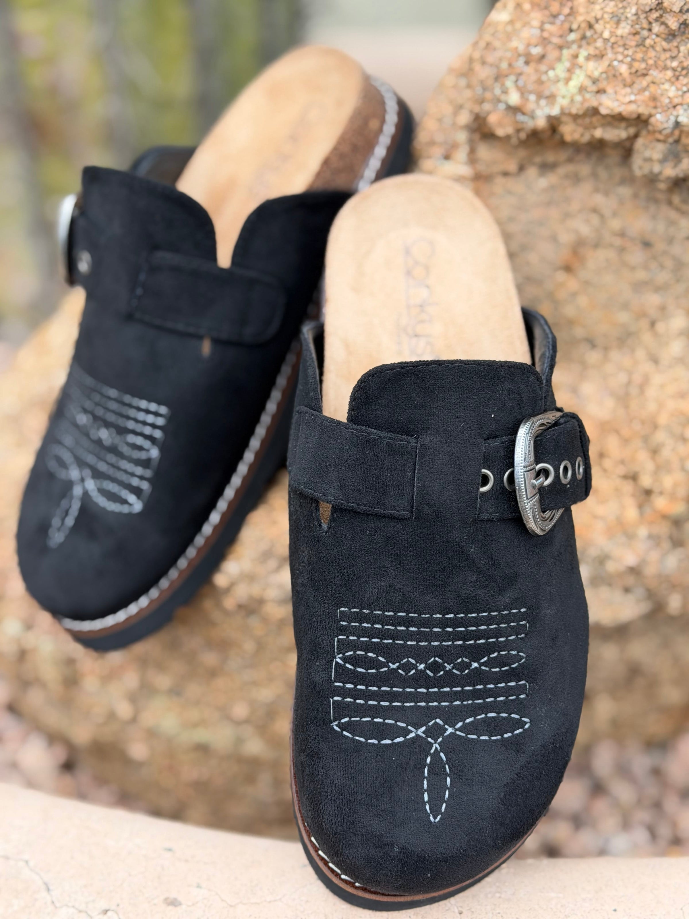 Corky’s Footwear The Corky’s Bootitude Western Buckle Bootstitch Black Slip On