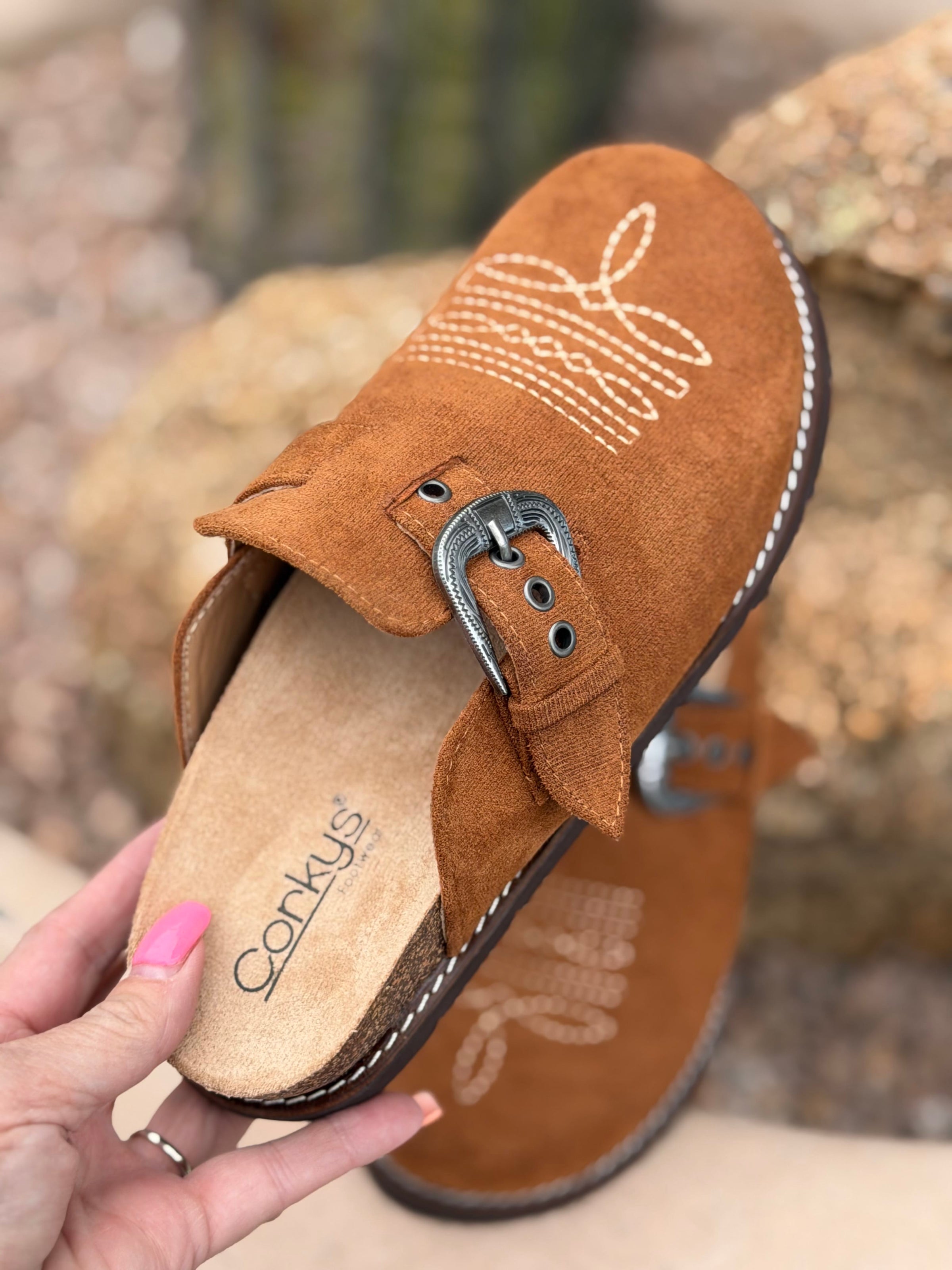 Corky’s Footwear The Corky’s Bootitude Western Buckle Bootstitch Camel Slip On