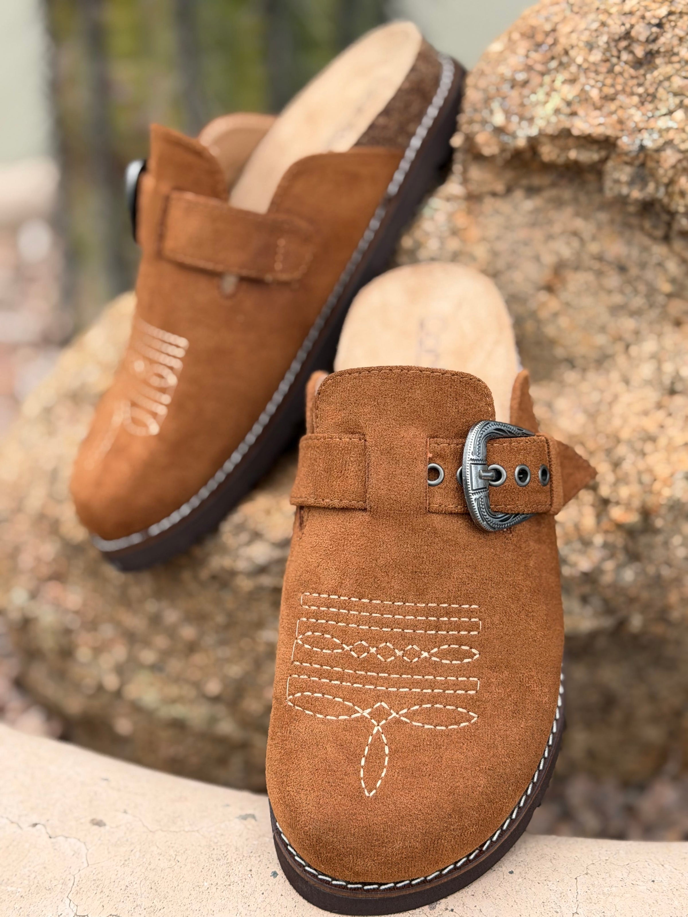 Corky’s Footwear The Corky’s Bootitude Western Buckle Bootstitch Camel Slip On