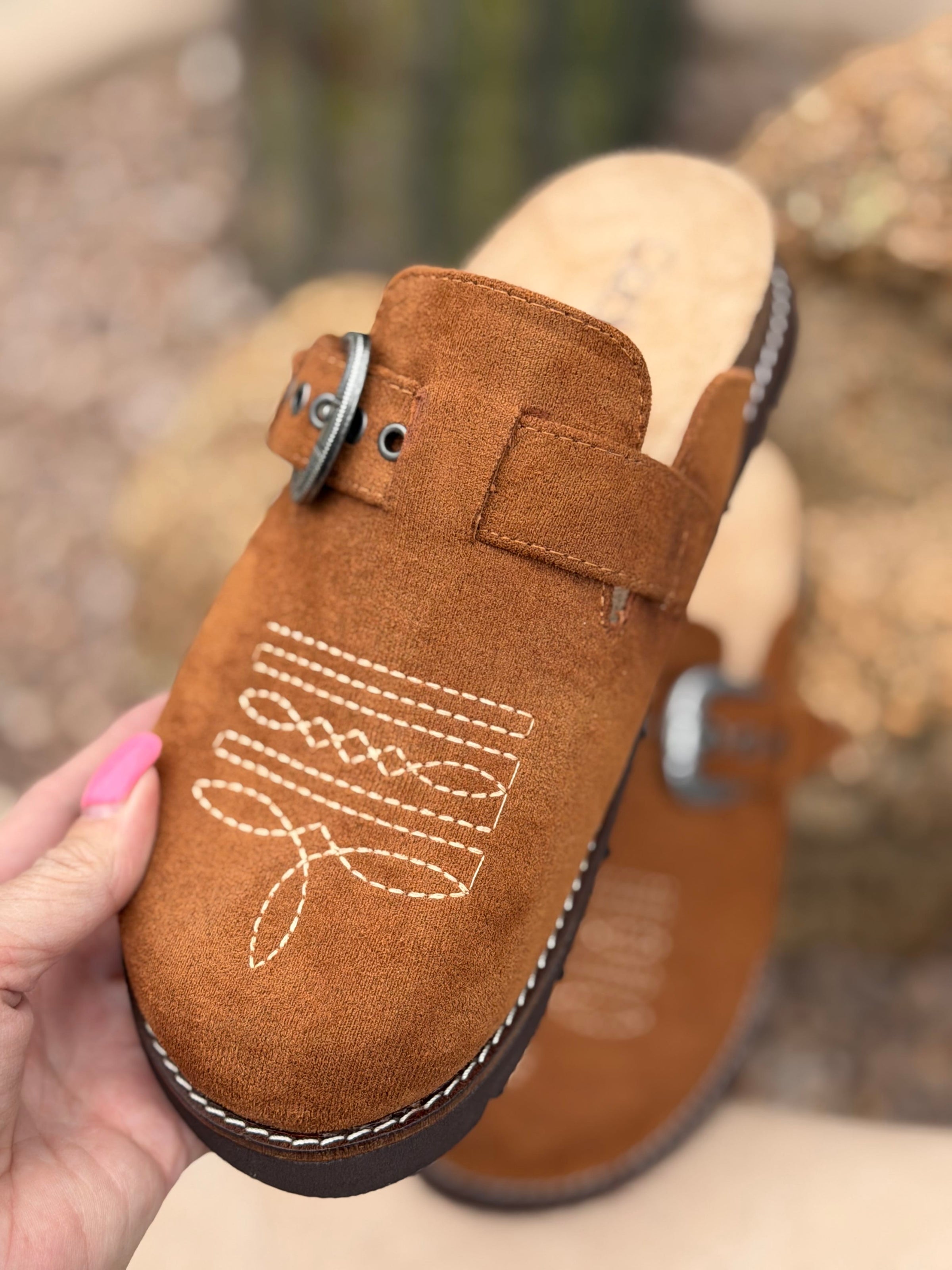Corky’s Footwear The Corky’s Bootitude Western Buckle Bootstitch Camel Slip On