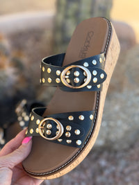 Volatile Footwear The Corky’s Gold Stud Low Wedge Sandal