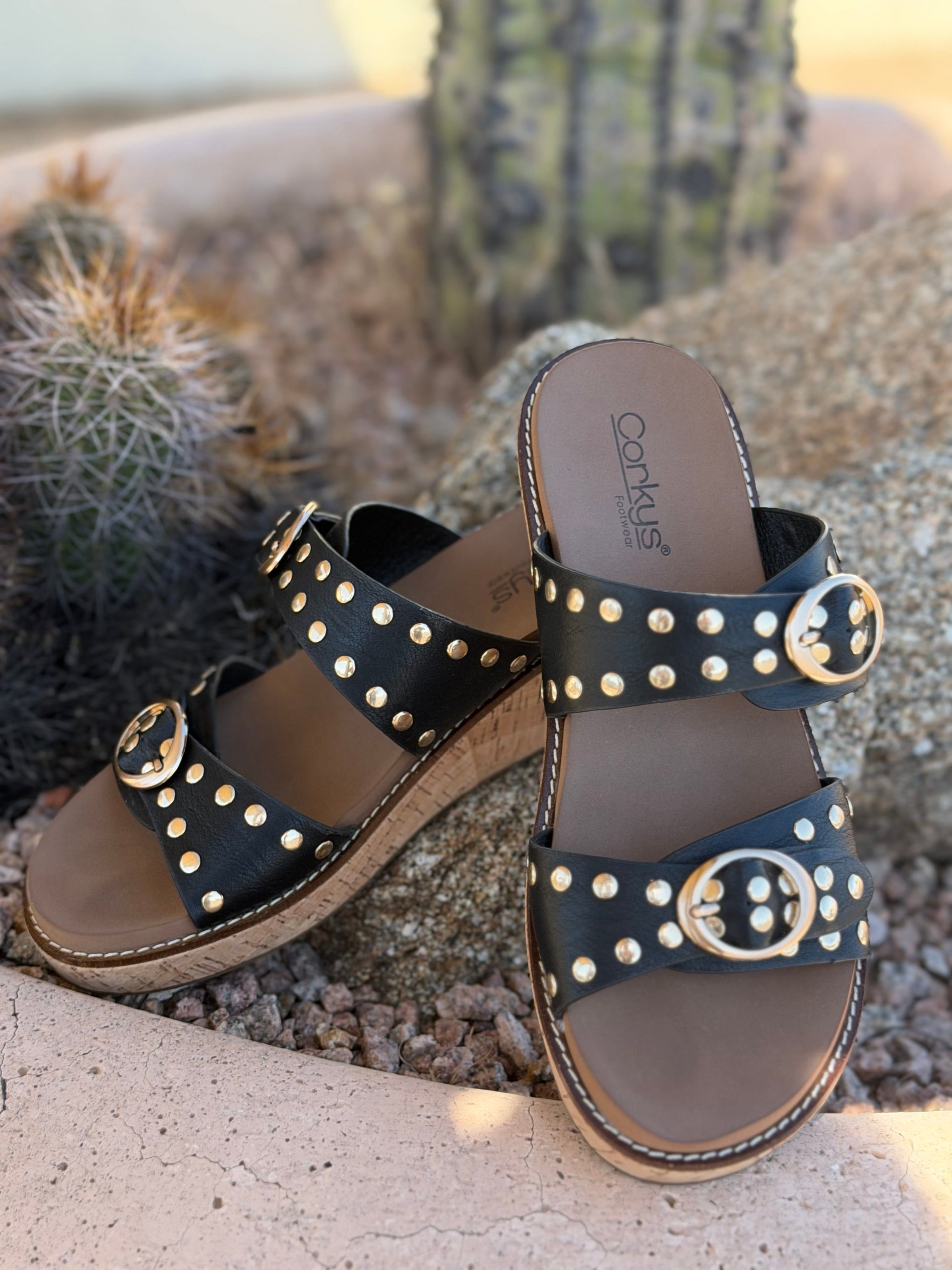 Volatile Footwear The Corky’s Gold Stud Low Wedge Sandal