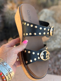 Volatile Footwear The Corky’s Gold Stud Low Wedge Sandal