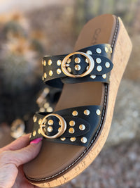 Volatile Footwear The Corky’s Gold Stud Low Wedge Sandal
