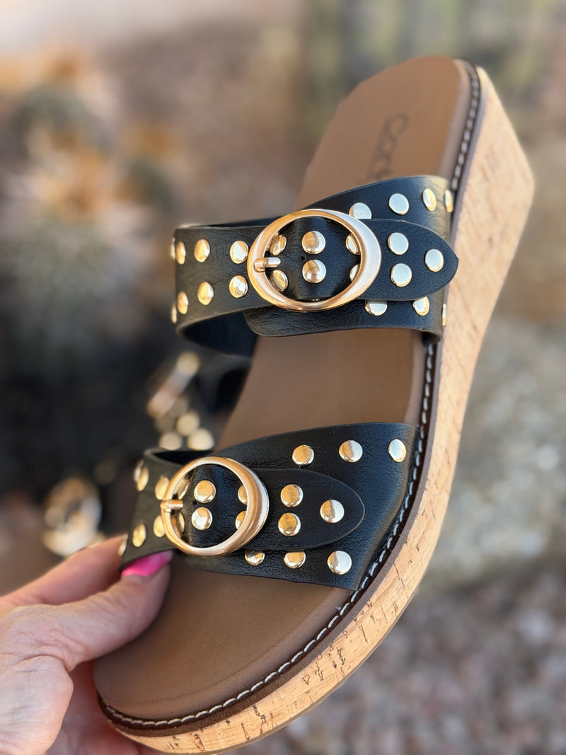 Volatile Footwear The Corky’s Gold Stud Low Wedge Sandal