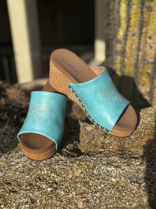 Volatile Footwear The Corky’s Turquoise BootStitch Wedge Sandal
