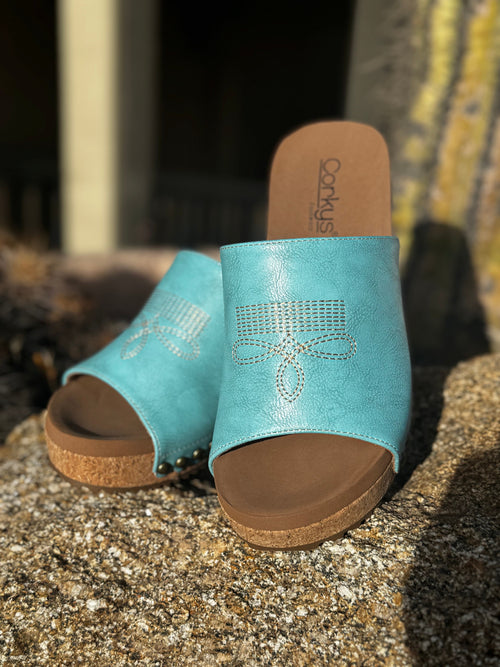 Volatile Footwear The Corky’s Turquoise BootStitch Wedge Sandal