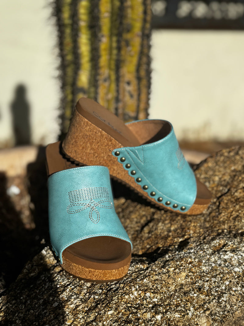 Volatile Footwear The Corky’s Turquoise BootStitch Wedge Sandal