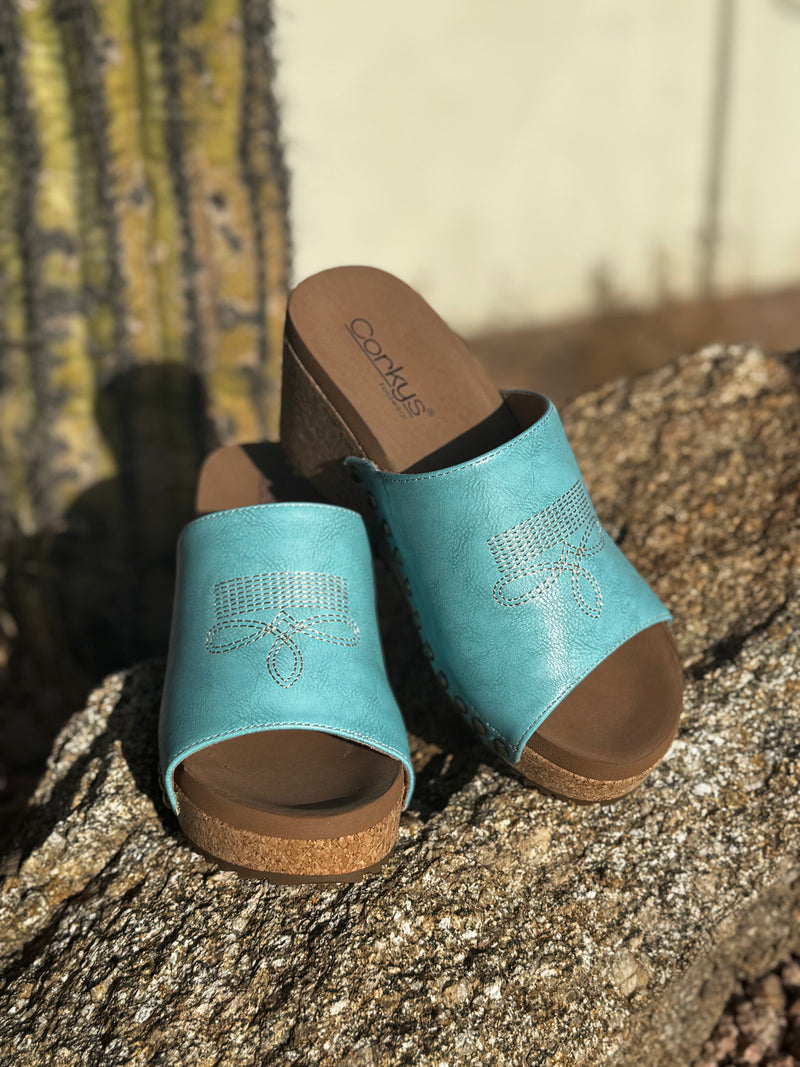 Volatile Footwear The Corky’s Turquoise BootStitch Wedge Sandal