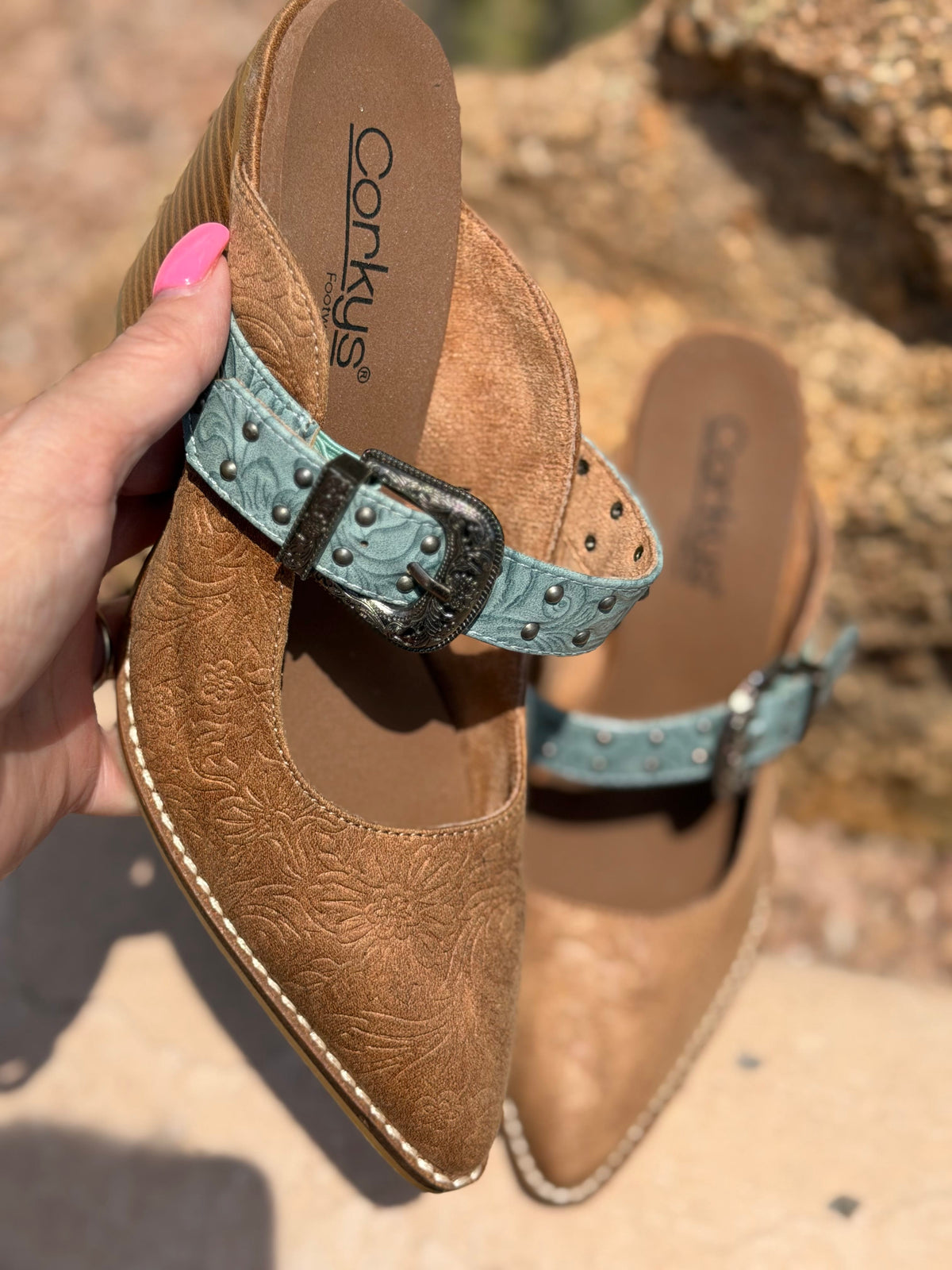 Volatile Footwear The Corky’s Turquoise Trail Western Stacked Heeled Sandal