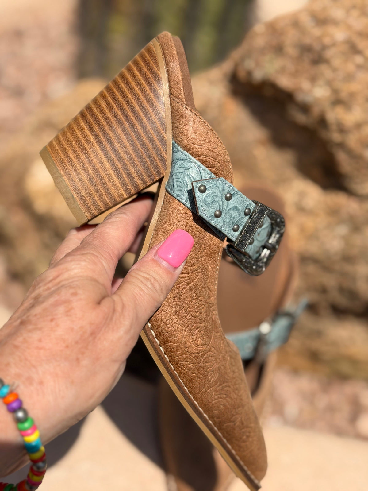 Volatile Footwear The Corky’s Turquoise Trail Western Stacked Heeled Sandal