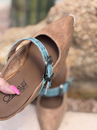 Volatile Footwear The Corky’s Turquoise Trail Western Stacked Heeled Sandal