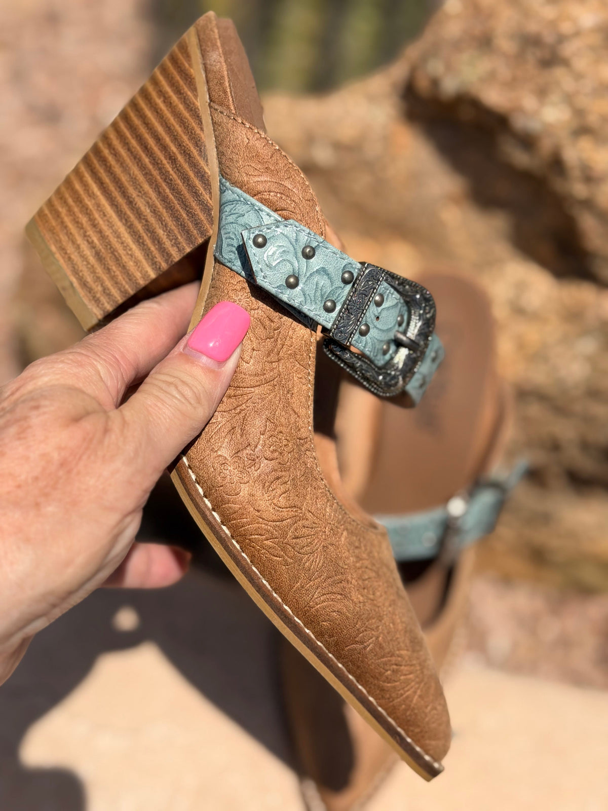 Volatile Footwear The Corky’s Turquoise Trail Western Stacked Heeled Sandal