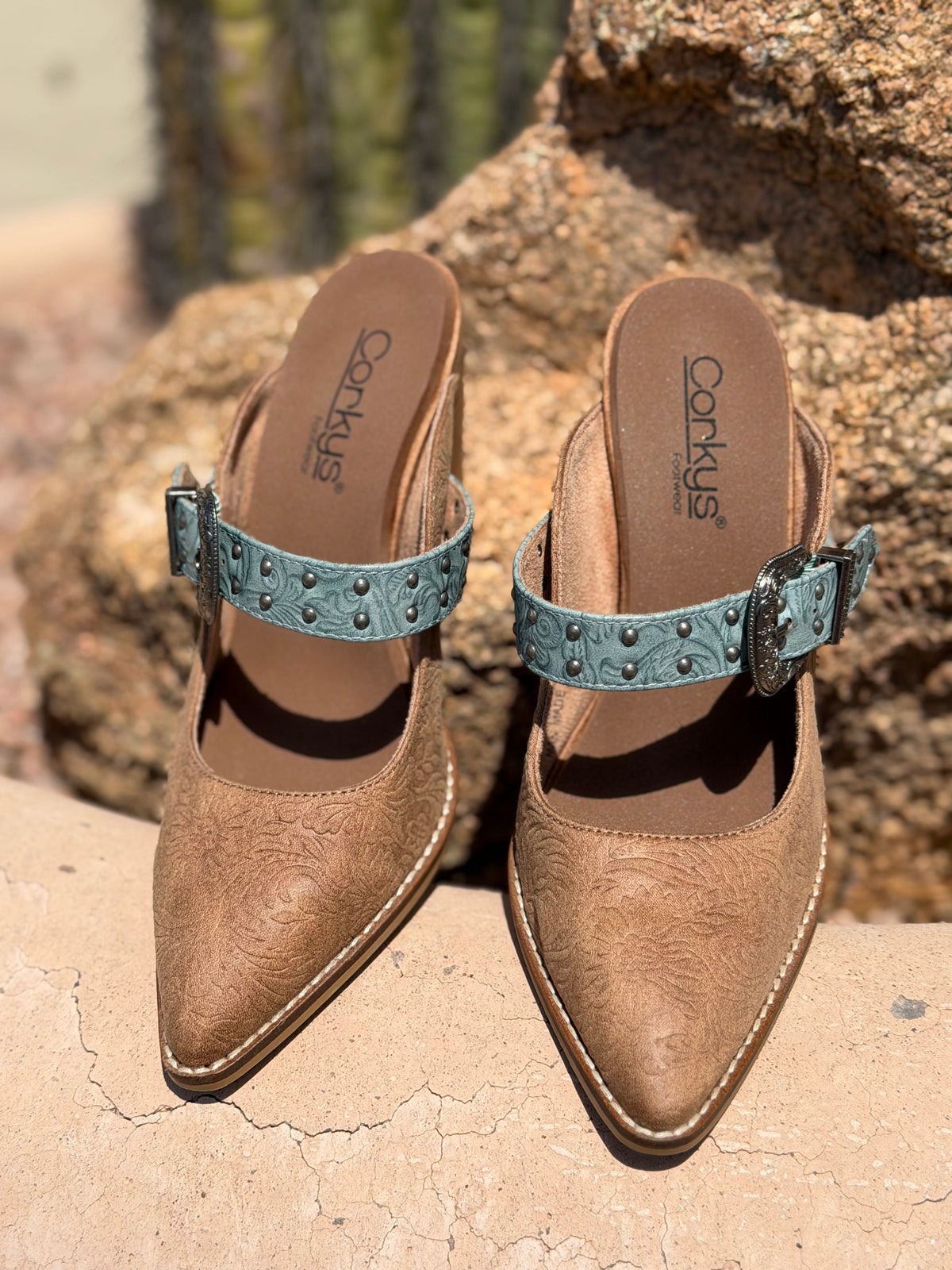 Volatile Footwear The Corky’s Turquoise Trail Western Stacked Heeled Sandal
