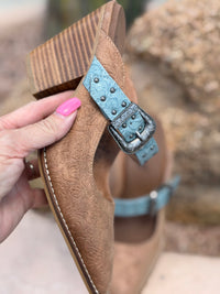 Volatile Footwear The Corky’s Turquoise Trail Western Stacked Heeled Sandal
