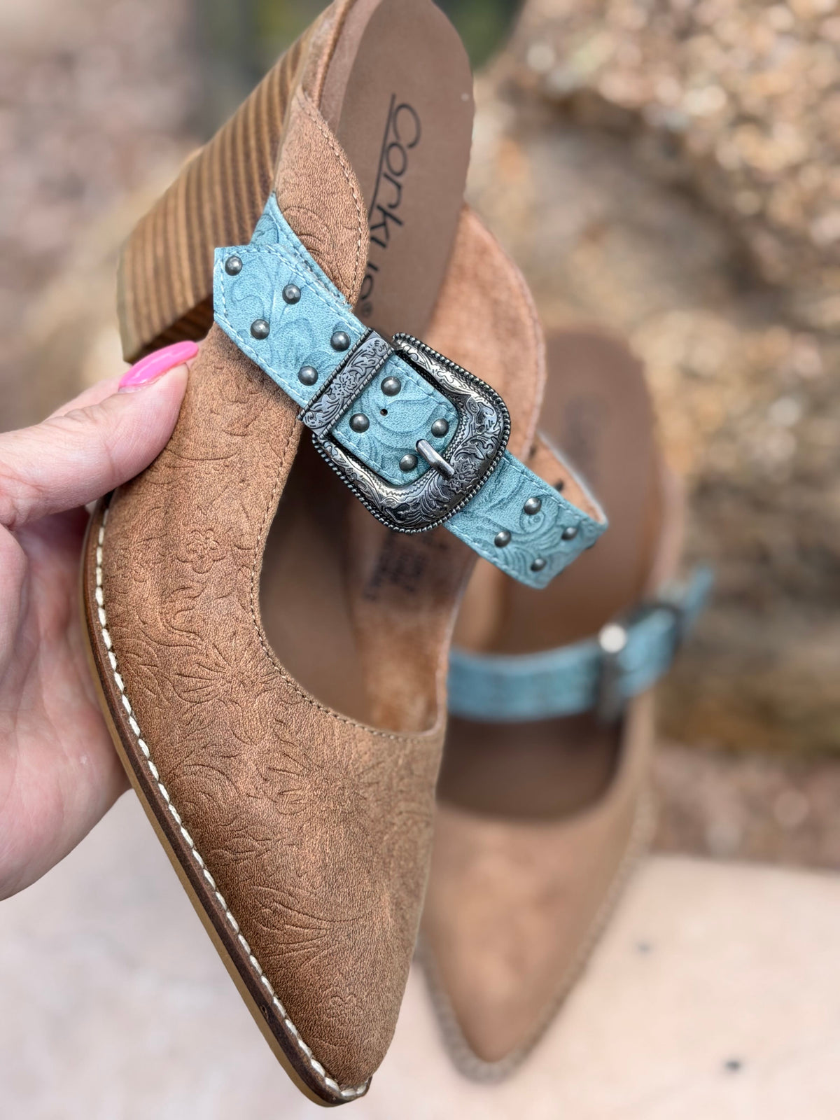 Volatile Footwear The Corky’s Turquoise Trail Western Stacked Heeled Sandal