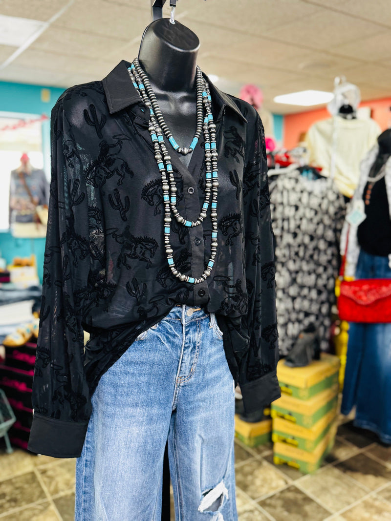 Shop Envi Me Tops and Tunics The Cowboys & Cactus Velvet Burnout Black Mesh Top