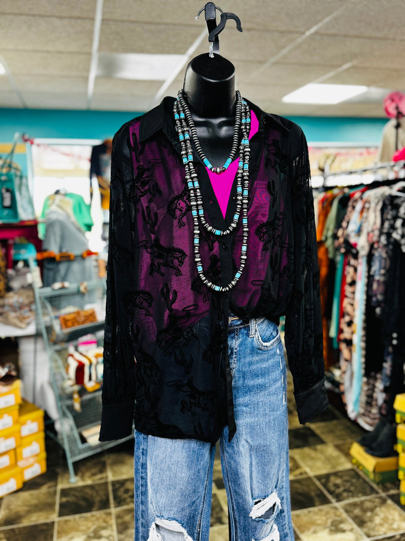 Shop Envi Me Tops and Tunics The Cowboys & Cactus Velvet Burnout Black Mesh Top