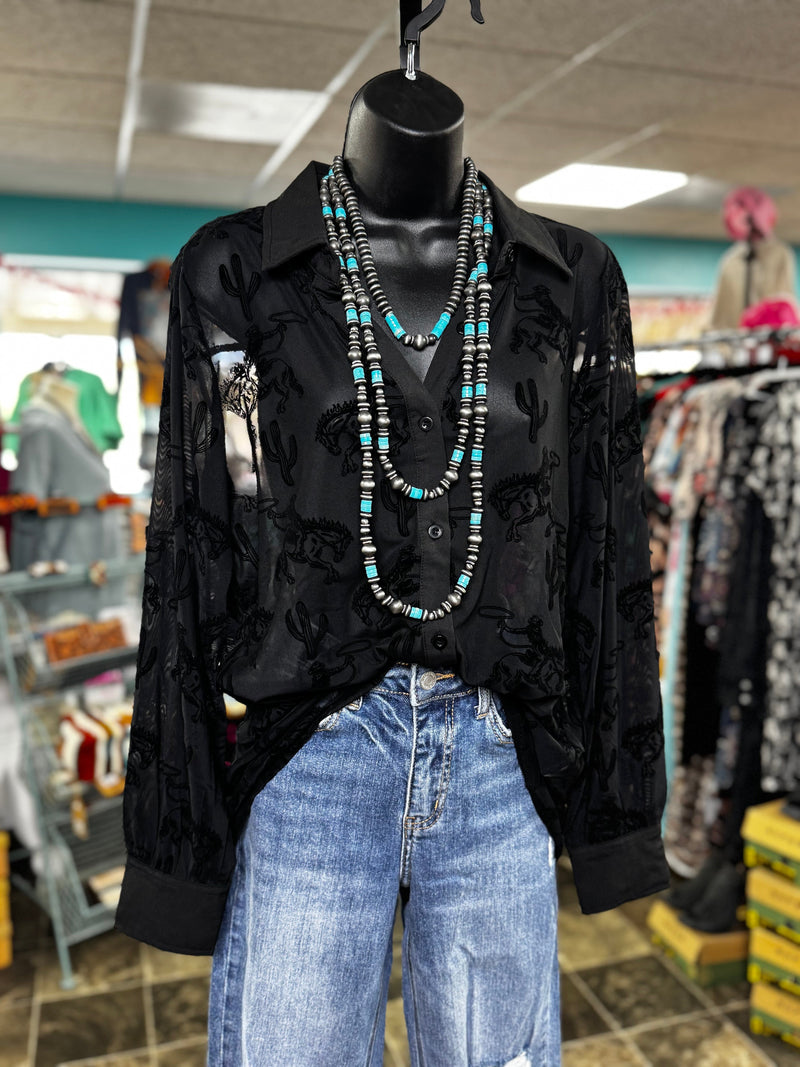Shop Envi Me Tops and Tunics The Cowboys & Cactus Velvet Burnout Black Mesh Top