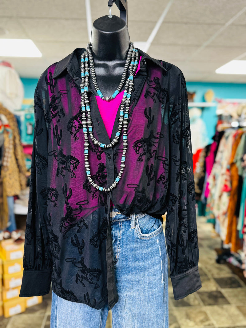 Shop Envi Me Tops and Tunics The Cowboys & Cactus Velvet Burnout Black Mesh Top