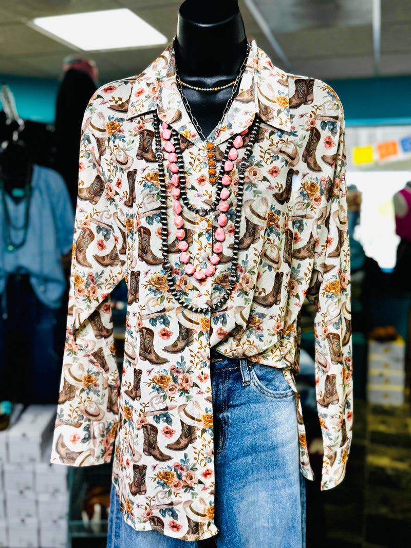 Shop Envi Me tops The Cowgirl Boots Floral Button Up Top