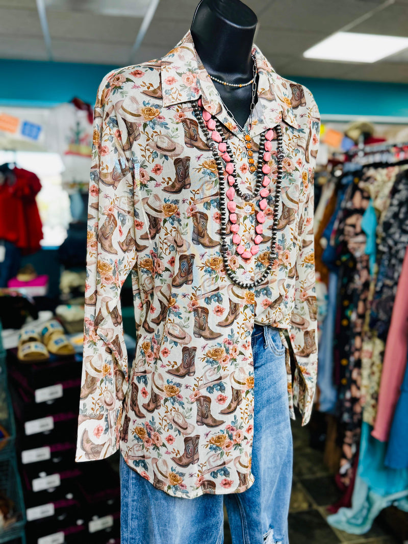 Shop Envi Me tops The Cowgirl Boots Floral Button Up Top