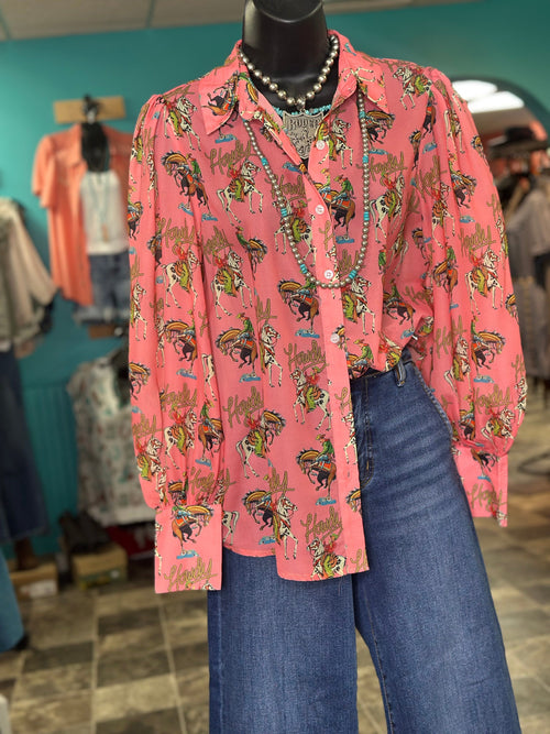 Shop Envi Me tops The Cowgirl Howdy Pink Chiffon Button Up Top