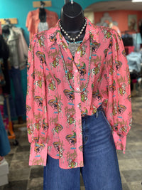Shop Envi Me tops The Cowgirl Howdy Pink Chiffon Button Up Top