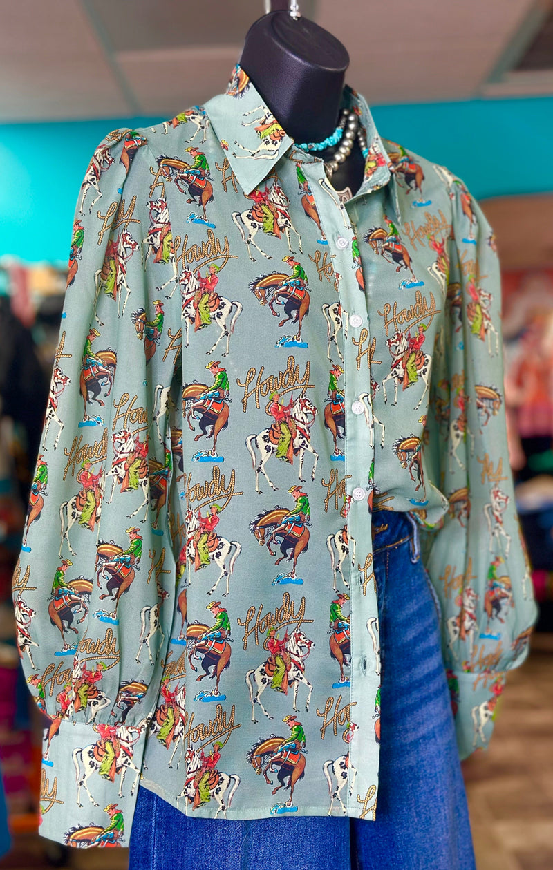 Shop Envi Me tops The Cowgirl Howdy Turquoise Chiffon Button Up Top