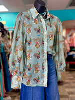 Shop Envi Me tops The Cowgirl Howdy Turquoise Chiffon Button Up Top