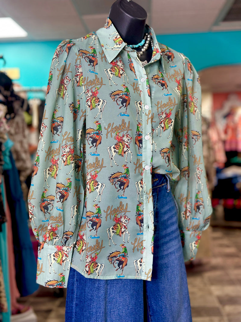 Shop Envi Me tops The Cowgirl Howdy Turquoise Chiffon Button Up Top