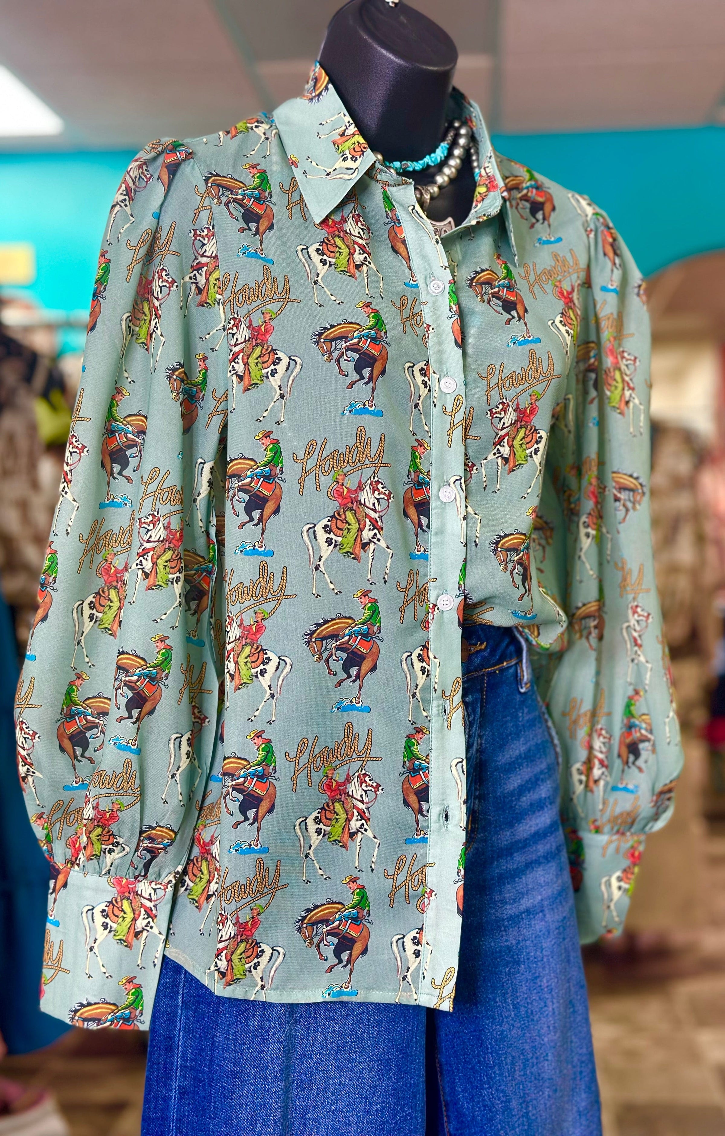 Shop Envi Me tops The Cowgirl Howdy Turquoise Chiffon Button Up Top