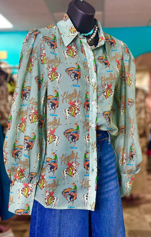 Shop Envi Me tops The Cowgirl Howdy Turquoise Chiffon Button Up Top