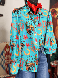 Shop Envi Me tops The Cowgirl In The West Turquoise Chiffon Button Up Top