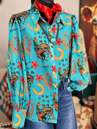 Shop Envi Me tops The Cowgirl In The West Turquoise Chiffon Button Up Top
