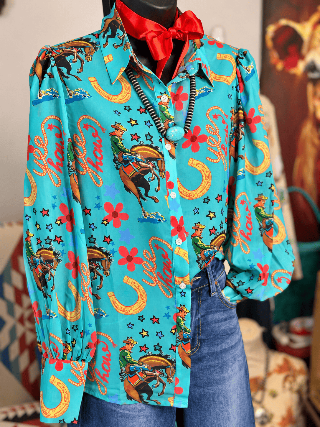 Shop Envi Me tops The Cowgirl In The West Turquoise Chiffon Button Up Top