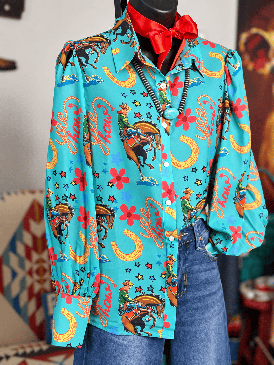 Shop Envi Me tops The Cowgirl In The West Turquoise Chiffon Button Up Top