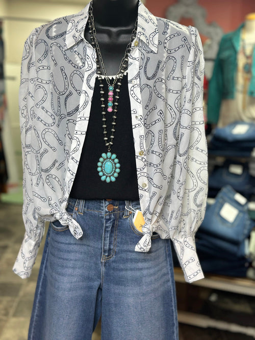 Shop Envi Me tops The Cowgirl Lucky Horseshoes Spring Button Up Top